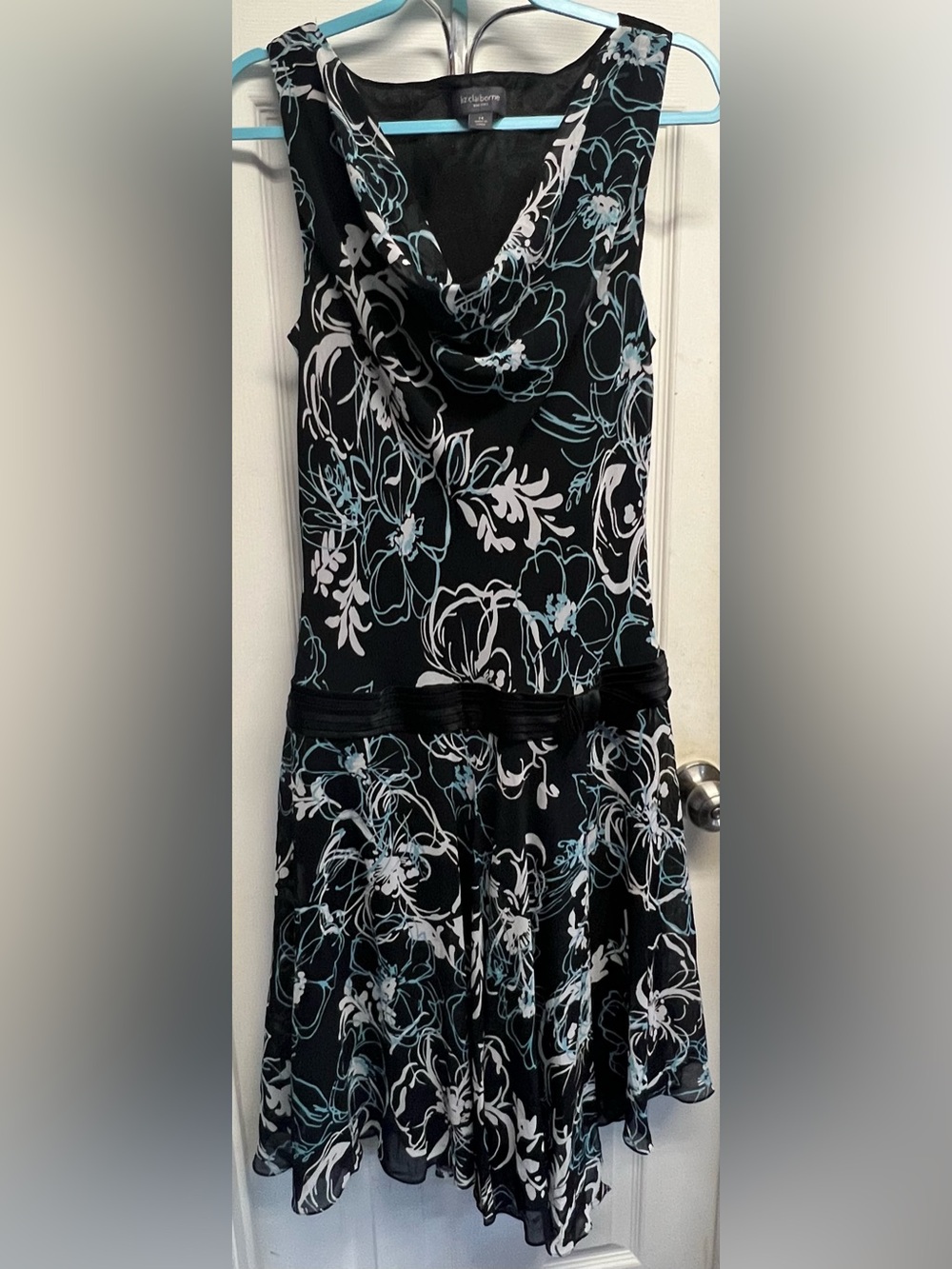 Liz Claiborne Black Floral Cowl Neck Mini Dress with Light Blue Accents